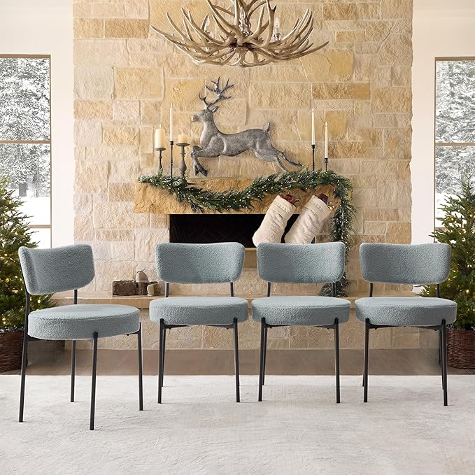 Grey Boucle Dining Chairs Set of 2, Upholstered Dinner Chair with Metal Frame, Dining Room Chairs with Padded Seat, Round Modern Seating for Living Room