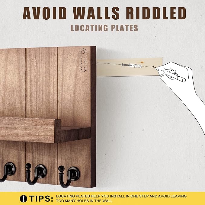 Rebee Vision Decorative Key Holder for Wall - Rustic Key Hooks with Shelf and Mail Organizer Wall Mount for Farmhouse Wall Decor Living Room - Home Essentials for New Home (Brown, 3.54" x 10" x 7.28")