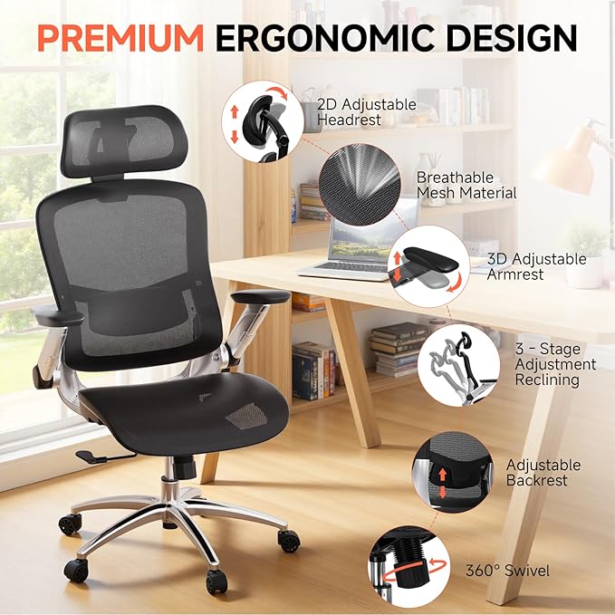 COMHOMA Big and Tall Ergonomic Mesh Office Chair, High Back Home Desk Chair Computer Gaming Chair with Headrest, Flip-Up Arms, 90-125° Tilt Lock and Wide Cushion, Task Chair for Man Woman- Black