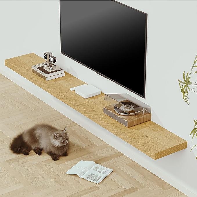 Vivelove 12" Deep Floating Shelves with Invisible Brackets, 72" Wall Shelves for Bathroom Bedroom Kitchen Living Room Laundry Room, Modern Rustic Shelves for Home Decor, 72"x12"x2", Set of 1, Oak