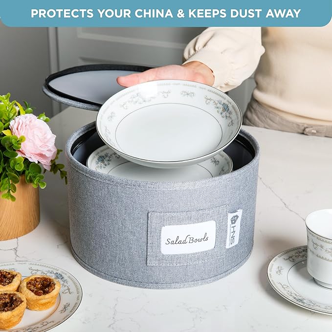 Hard Shell China Storage Containers 8-Piece Set Moving Boxes for Dinnerware, Glasses, Plates, Mugs and Saucers Sturdy Dish Organizer with Dividers for Seasonal Storage - Service for 12 - Gray