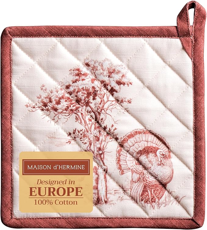 Maison d' Hermine Pot Holders 100% Cotton Heat Resistant Potholders 8" x 8" Hot Pads with Loop for Thanksgiving Christmas Decorations BBQ Cooking Handling Hot Pans (Pack of 1, Holy Jouy - Brown)