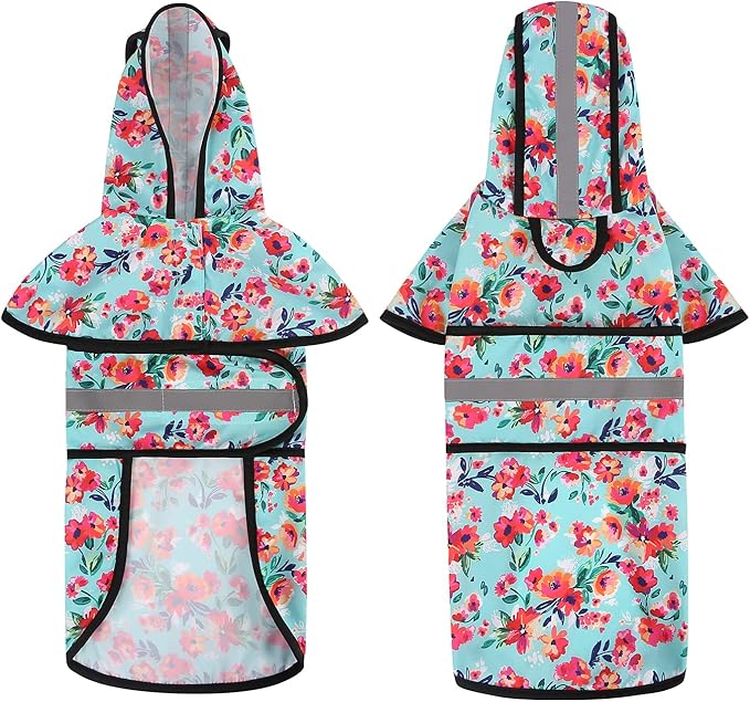 HDE Dog Raincoat Jacket Reflective Adjustable Hooded Pet Poncho Rain Coat with Leash Hole for Small to X-Large Dogs Turquoise - L