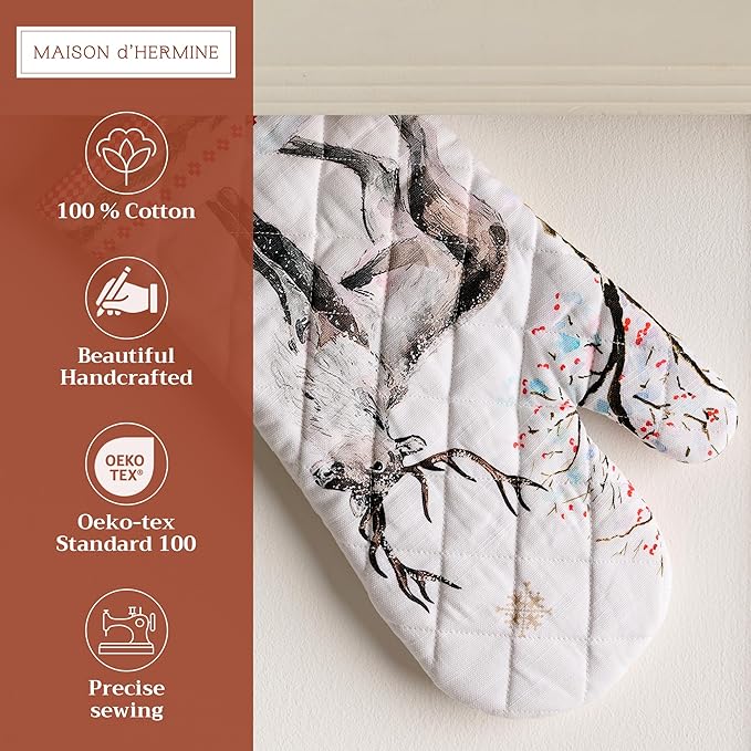 Maison d' Hermine Oven Gloves 100% Cotton Oven Mitt 7" x 13" with Loop Heat Resistant BBQ Cooking Gloves for Thanksgiving Christmas Decorations Baking Handling Hot Pans (Pack of 1, Rural Christmas)