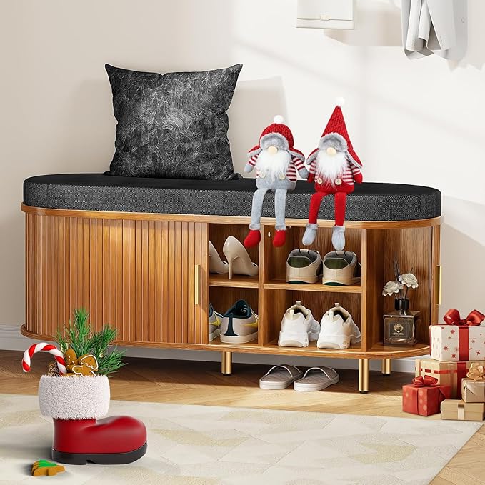 DHH Entryway Bench with Shoe Storage Fluted Shoe Storage Sliding Door and Adjustable Shelf with Cushion,2-Tier Shoe Rack Cabinet for Entryway, Bedroom, Living Room, (Yellow Walnut)