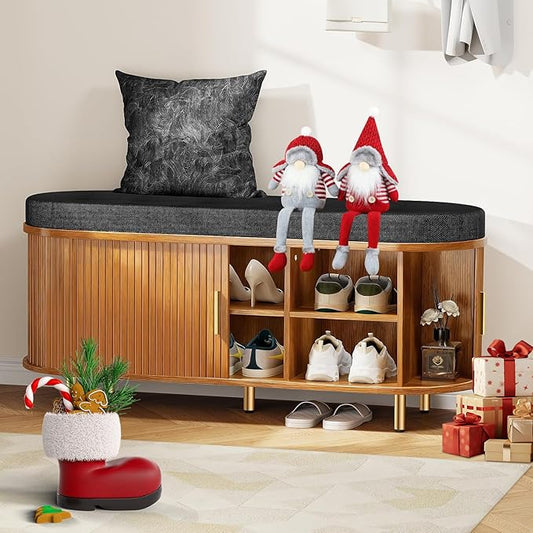 DHH Entryway Bench with Shoe Storage Fluted Shoe Storage Sliding Door and Adjustable Shelf with Cushion,2-Tier Shoe Rack Cabinet for Entryway, Bedroom, Living Room, (Yellow Walnut)
