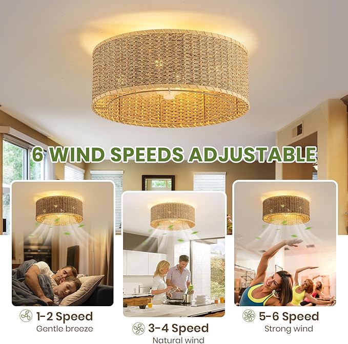 Boho Ceiling Fan with Light,Caged Ceiling Fan with Remote Control Reverible Blades,Low Profile 6 Speeds,Farmhouse Rattan Fandelier Chandelier Ceiling Fans for bedroom,dining room,kitchen ,living room