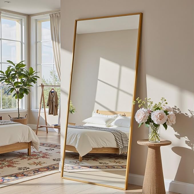 Full Length Mirror, 71"x32" Full Body Mirror, Floor Mirrors with Stand, Body Mirrors Standing Hanging Leaning Against Wall,Aluminum Frame Mirrors for Bedroom Cloakroom,Living Room,Gold