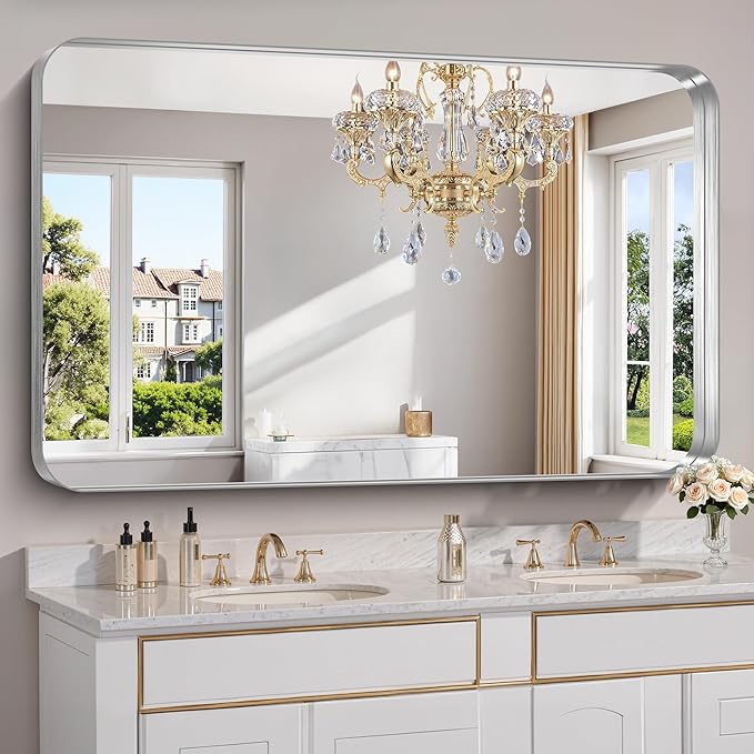 FORBATH 60x36 Inch Large Bathroom Mirror for Double Sinks, Brushed Silver Deep Frame Wall Mirror with Rounded Corners, Anti-Rust Tempered Glass for Modern Farmhouse Vanity (Horizontal/Vertical)