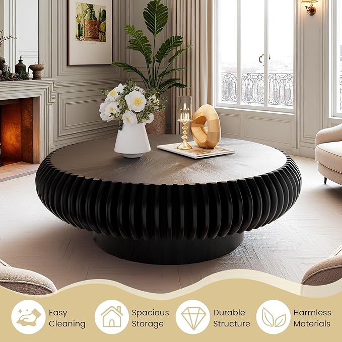 Fluted Round Coffee Table for Living Room 39.37" Modern Drum Coffee Table Mid Century Handcrafted Circle Wood Center Tables with Pedestal for Small Space Apartment (Black Large)