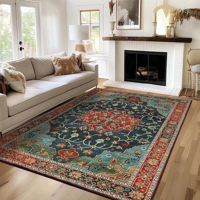 WILLSUN Washable Area Rugs, 3x5 Non-Slip Boho Large Area Rugs for Living Room, Bedroom, Machine Washable Vintage Rug, Indoor Floral Print Carpet for Home Decor, Kid & Pet Friendly Mat