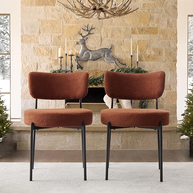 Brown Boucle Dining Chairs Set of 6, Upholstered Dinner Chair with Metal Frame, Dining Room Chairs with Padded Seat, Round Modern Seating for Living Room