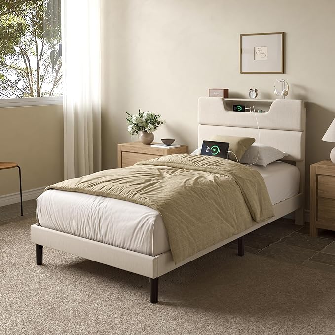 Twin Bed Frames for Kids, Twin Size Bed Frames with Upholstered Headboard, Modern Platform Bed with Charging Station and Led Lights, Sturdy Wooden Slats