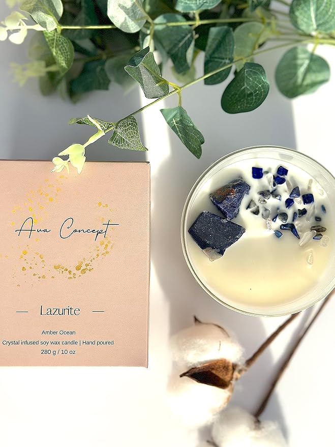 Healing Crystal Candle, Scented Candle Infused Lazurite Clear Quartz Crystals, Amber Ocean Scented, Positivity Energy, Cleansing Wellness, Gift for Women, Aromatherapy Clean Vegan 10Oz Jar