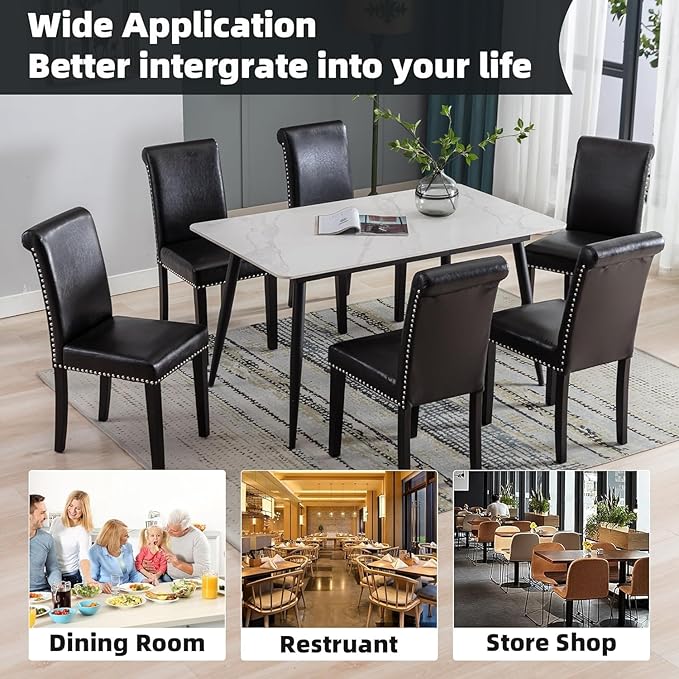Westice Dining Room Chairs Set of 6 Upholstered PU Leather Kitchen Chairs Dining Room Side Chair with Nailhead Trim and Rubber Wood Legs for Small Space Apartment, Black