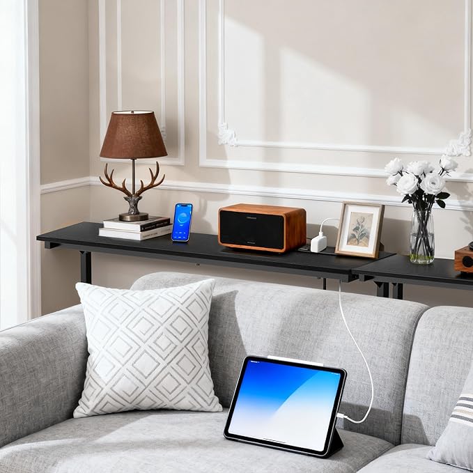 78 inch Narrow Console Table with Outlet,Adjustable Height(25"-37") Behind Sofa Table,Couch Behind Table Skinny,Couch Shelf with Charging Station,Long Entryway Table for Living Room,Black