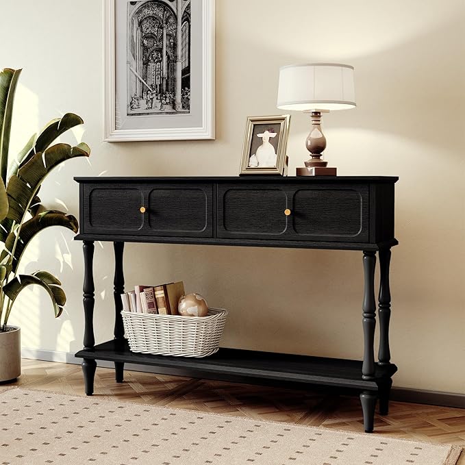 ARTPOWER Mid-Century Console Table for Entryway with 2 Drawers, Black Retro Entryway Table with Storage Cabinets and Open Shelf, Narrow Long Couch Table Behind Sofa for Living Room, Foyer, Hallway