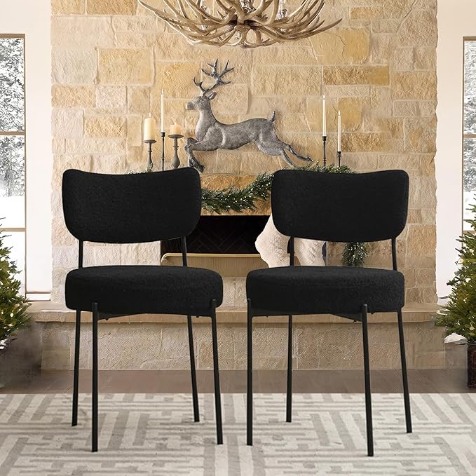 Black Dining Chairs Set of 2, Dining Room Chairs with Curved Backrest, Modern Boucle Dining Chairs with Upholstered for Living Room (2,Black)