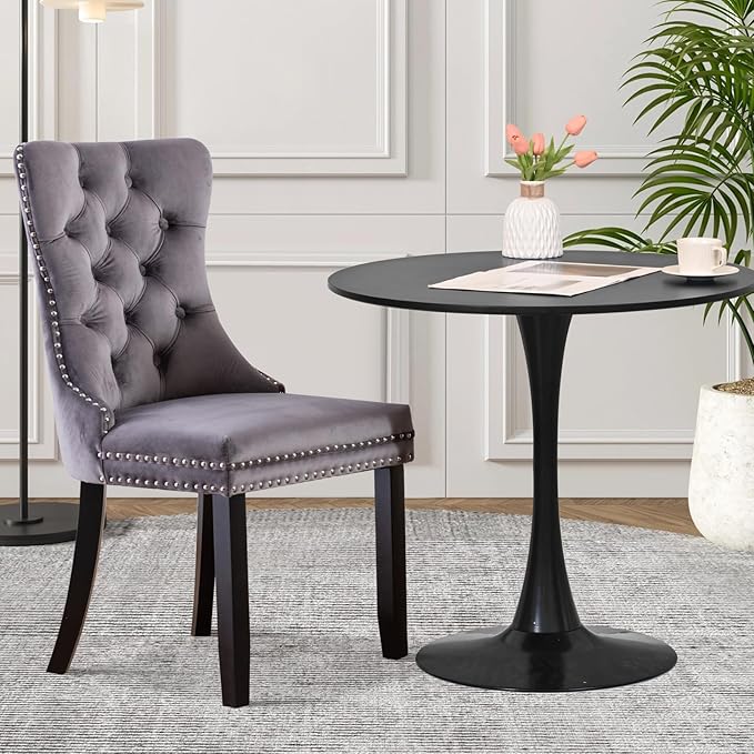 SoarFlash Kitchen Table and Chairs for 2, 31.5" Dining Table Set for 2 with Velvet Upholstered Chairs, 3 Piece Round Kitchen Table Set, Dining Room Table Set for Small Space, Apartment, Grey/Black