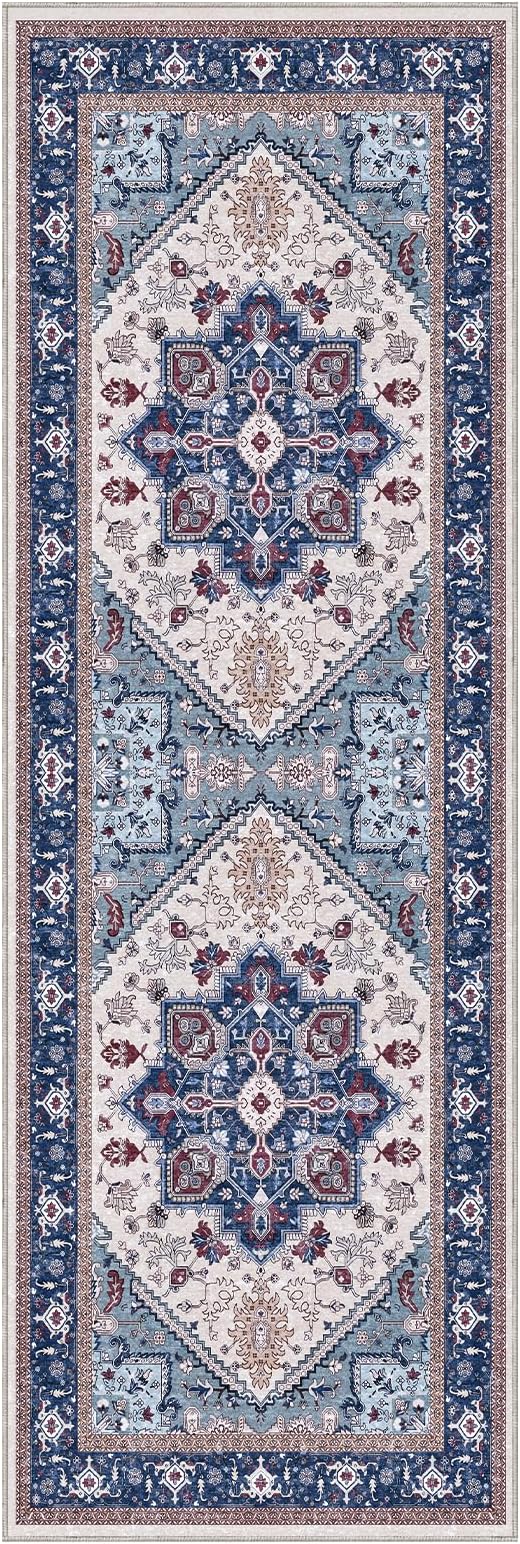 OPPODREAM Thin Entryway Rug 2x6, 2x6 Rug Runner, Washable Hallways Carpet 2 x 6 with Non Slip Backing, Low-Pile Bedside Carpet 2 x 6, Long, Faux Cashmere, Navy Blue & Red & Cream