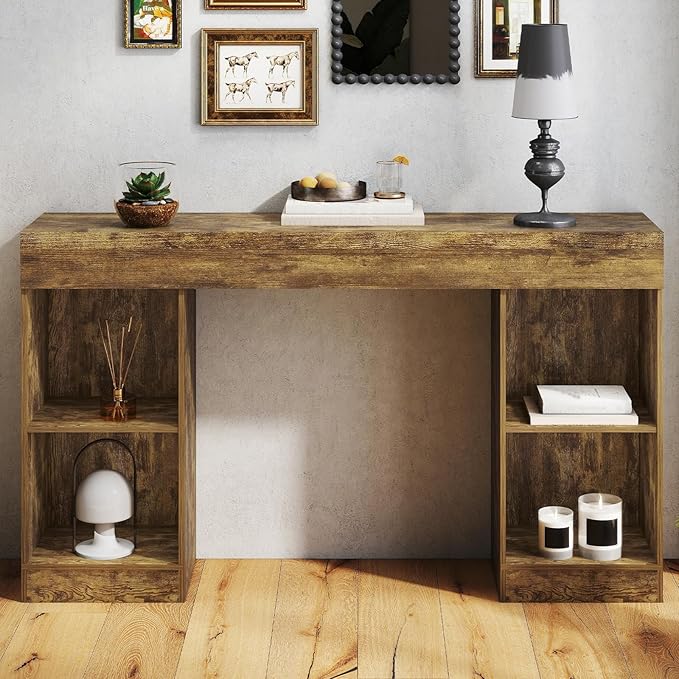 55 Inches Console Table,4 Cubes Narrow Entryway Table,3 Tier Wood Behind Couch Sofa Table,TV Console with Storage for Living Room,Hallway,Entrance,Foyer (Bright Brown)