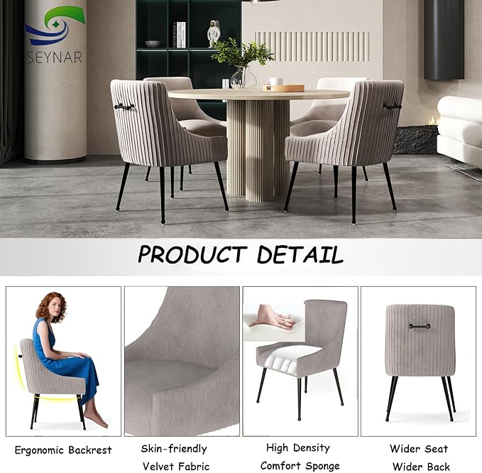 Velvet Dining Chairs Set of 2,Gray Upholstered Living Room Chairs with Black Metal Legs, Modern Tufted Accent Chairs for Living Room, Study Room, Kitchen