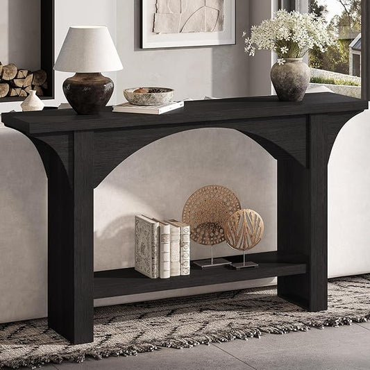 55 Inches Console Table,2 Tier Farmhouse Entryway Table,Narrow Wood Accent Tables with Storage Shelves for Living Room,Entrance,Hallway,Foyer (Black)