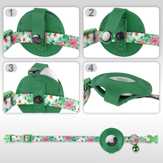 Airtag Cat Collar with Bell - Non Breakaway Soft Pet Collar with Leather Air Tag Holder - Adjustable GPS Anti-Lost Collars for Girl Boy Cats Kitten Puppies, Lightweight and Patterned (Floral Green)