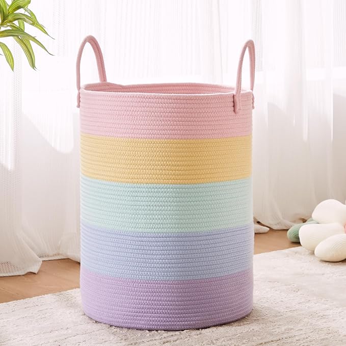 62L Hamper Laundry Basket for Baby Girls Kids Rainbow Nursery Hamper for Clothes Pastel Unicorn Woven Rope Blanket Basket for Toy in Playroom Bedroom Large