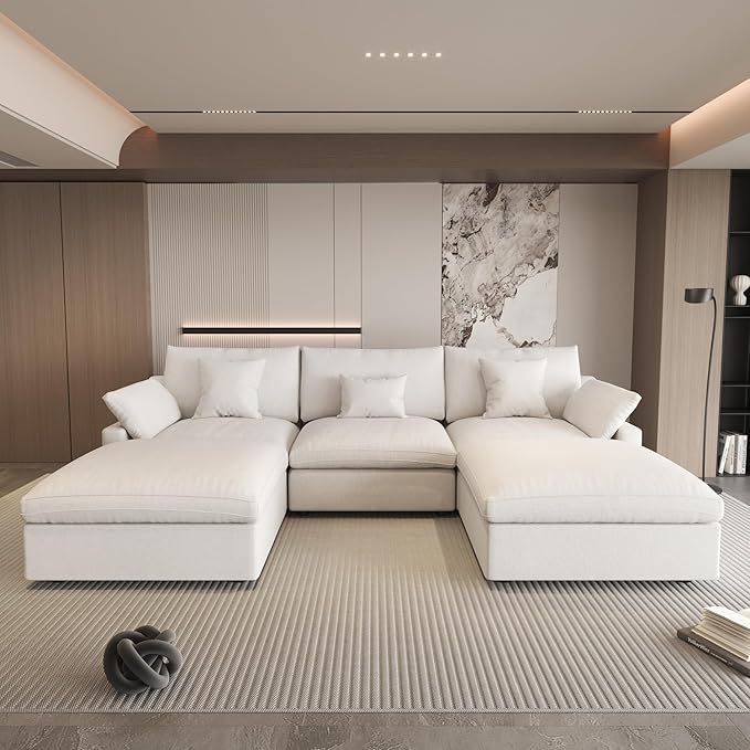 120" Cloud Couch Modular Sectional Sofa with Ottoman,Down Filled U Shaped 5 Seater Convertible Sofa,Cover Washable and Replaceable Couches for Living Room,White