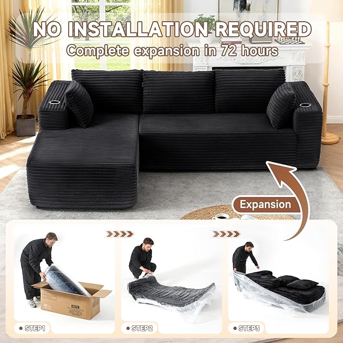 106" Cloud Couch Corduroy Modular Sectional Sofa L-Shape Boneless Couch with Wide Armrests and Cup Holders for Living Room Bedroom, No Assembly Required (Black)