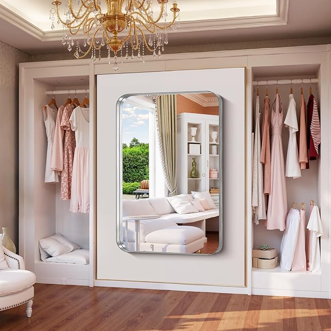 FORBATH 55x36 Inch Large Bathroom Mirror for Double Sinks, Brushed Silver Deep Frame Wall Mirror with Rounded Corners, Anti-Rust Tempered Glass for Modern Farmhouse Vanity (Horizontal/Vertical)