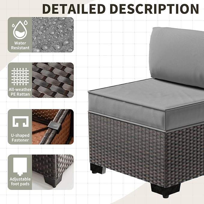 Gotland 8 Pieces Patio Furniture Set with Fire Pit Table, All Weather Rattan Outdoor Furniture with 29.5'' High Backrest 4’’ Thick Cushions Coffee Table, Outdoor Sectional for Porch, Deck, Gray