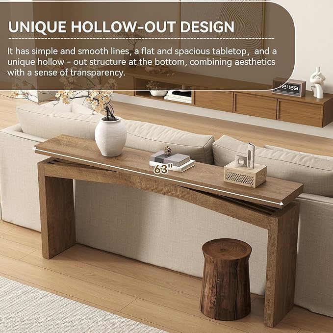 63-Inch Wood Console Table for Entryway Living Thin, Long Wooden Rectangular Sofa Tables Behind Couch, Large Farmhouse Foyer Hallway Table for Home, Living Room, Apartment, Natural Brown
