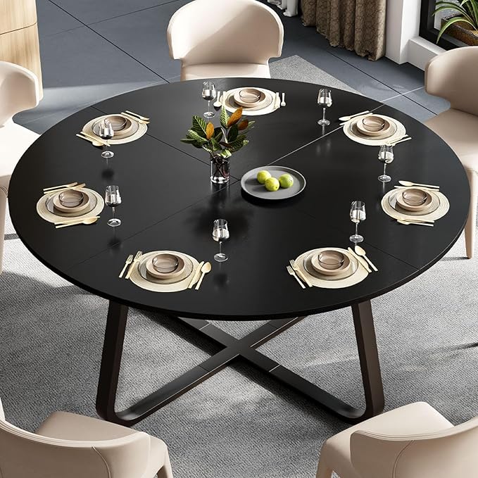 LVB 42 Inch Black Round Dining Table for 4 to 6, Circle Dining Tables, Modern Wood Metal Kitchen Tables, Round Dining Room Table for Home Kitchen Living Room,Black Oak