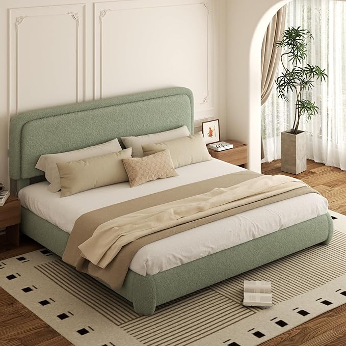King Bed Frame, Teddy Velvet Boucle Bed Frame with 43.3"/45.3" Adjustable Upholstered Headboard, Rounded Corners, Mattress Foundation, No Box Spring Required, Green