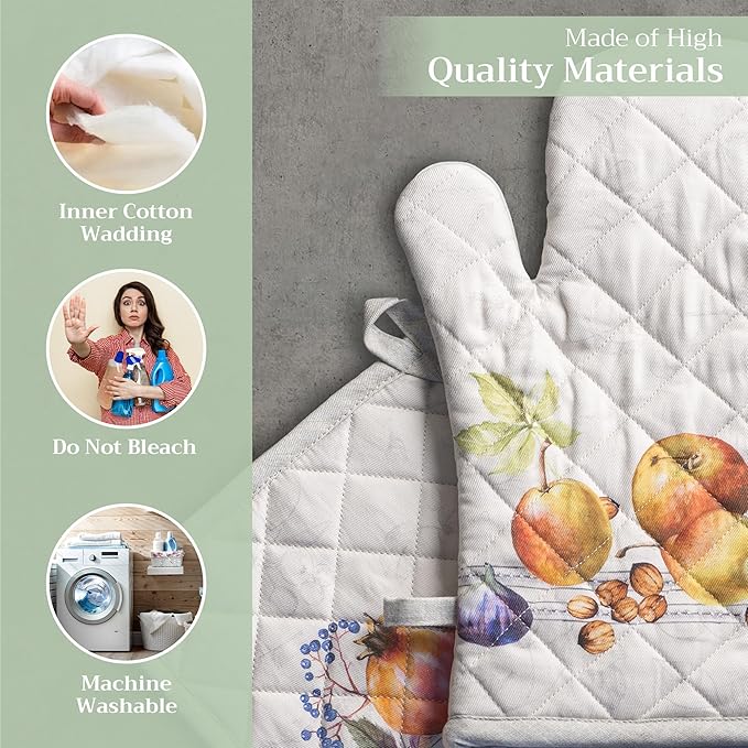 Maison d' Hermine 100% Cotton Oven Mitt & Pot Holder Set (7.5"x13" & 8"x8") Heat Resistant BBQ Cooking Gloves with Loop for Thanksgiving Christmas Decorations Handling Hot Pans (Fruit D'Hiver)