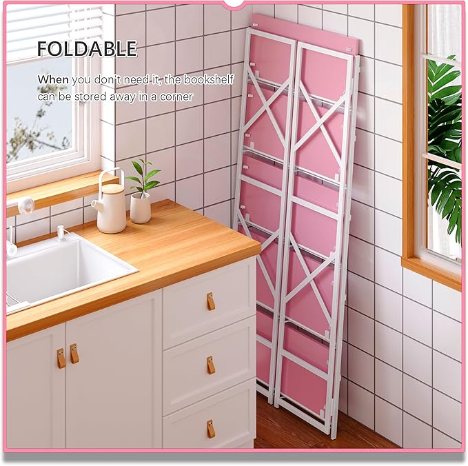 4NM 5 Tiers No Assembly Book Shelves, 51.2" H Folding Bookshelf Bookcase Open Industrial Foldable Shelves for Bedroom, Living Room, Home Office - Pink White