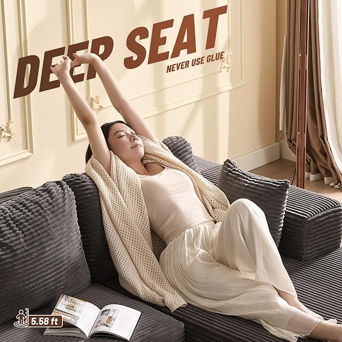 138" Boneless Couch with Deep Seat, Modular Sectional Sofa, Cloud Sectional Couch for Living Room, No Assembly Required, Corduroy, U-Shape 4 Seater Right, Gray