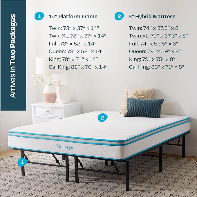 Linenspa 8” Memory Foam and Innerspring Hybrid Mattress + 14” Black Metal Platform Bedframe – Queen Mattress + Metal Folding Queen Bedframe