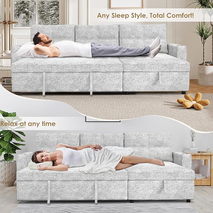 85" Sleeper Sectional Sofa Bed - L-Shaped Convertible Pull Out Couch with Reversible Storage Chaise, USB Ports & Side Pockets, Gray