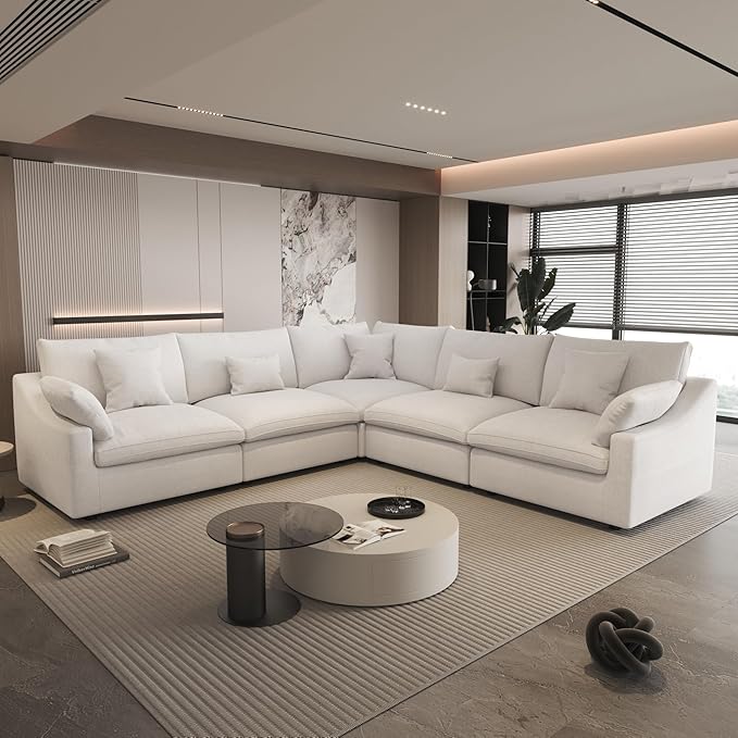 Modular Sectional Sofa,119inch V Shaped Down Filled Cloud Couch,5 Seater Convertible Sofa Living Room Set,Cover Washable and Replaceable Couches for Living Room,White