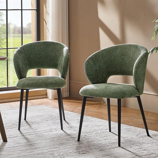 Contemporary Dining Chairs with Armrests – Ergonomic Soft-Padded Seat, Curved Backrest, Matte Black Metal Legs, Comfortable Kitchen & Dining Room Chairs, Set of 2