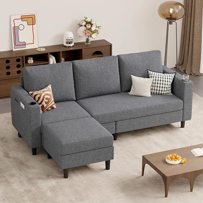 Upholstered Sectional Sofa and Couches, 78'' L Shaped 3-seat Sofa forLiving Room, Apartment, Lounge,Bedroom-Washable Covers Convertible Sofas(Linen Fabric,Dark Gary)