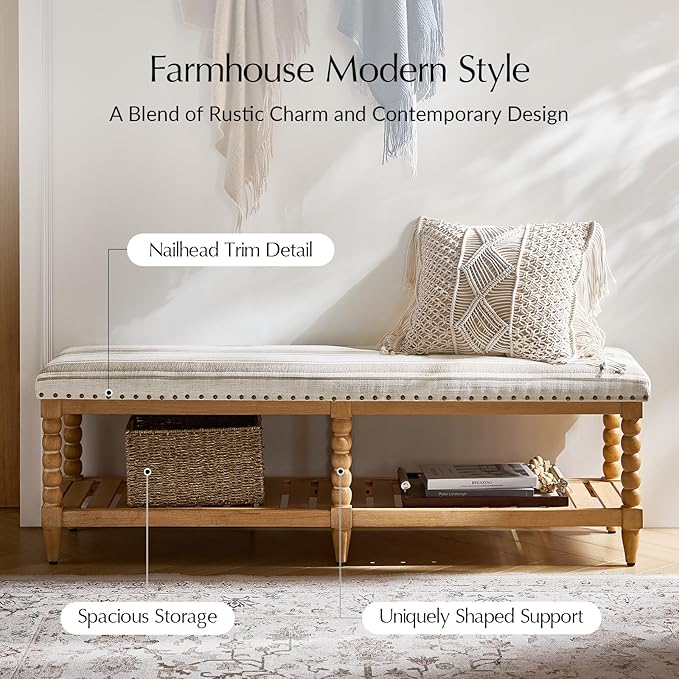 HULALA HOME Farmhouse Entryway Bench, 58" Fabric Bed Bench with Shelf, Solid Spindle Legs, Nailhead Trim Detail for Bedroom, Living Room, Hallway, TAN