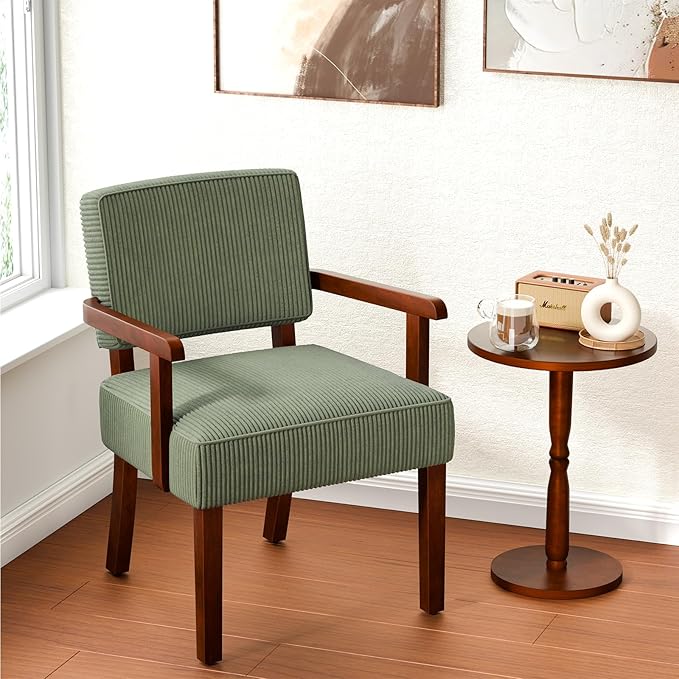 Corduroy Accent Chair, Mid Century Modern Armchairs with Solid Wood Frame, Oversized Reading Leisure Chair for Living Room, Bedroom (Corduroy Green, One Chair)