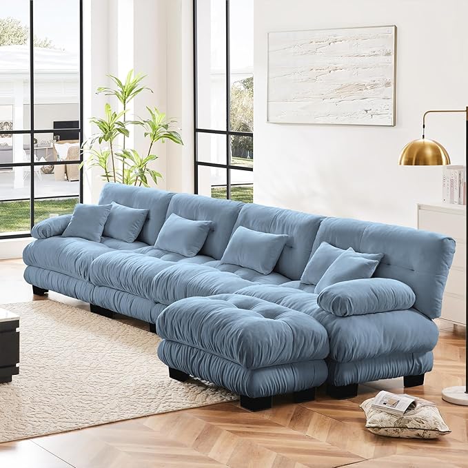 173.2" Oversized Couch, 4 Seater Modular Sectional Sofa, Blue Large L Shaped Sectional Couches for Living Room, Fluffy Chenille Fabric Cloud Couch with Ottoman, Deep Seat Sofas