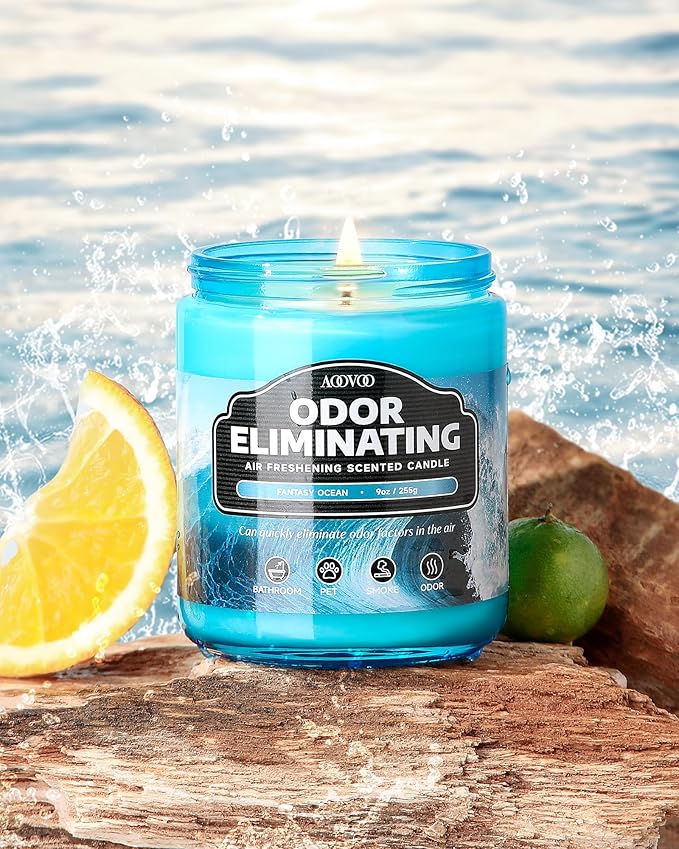 AOOVOO Fantasy Ocean Odor Eliminating Highly Fragranced Candle - Eliminates 95% of Pet, Smoke, Food, and Other Smells Quickly, Air Freshing Soy Candle, 9 oz Up to 50 Hours Burn time