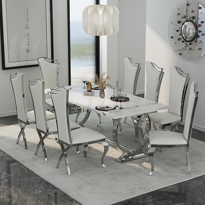 Asday 80 inch Dining Table, Luxury White and Silver Dining Room Table, Large Family Dining Table Modern Kitchen Table with Stainless Steel U-Base for Home Office Apartment