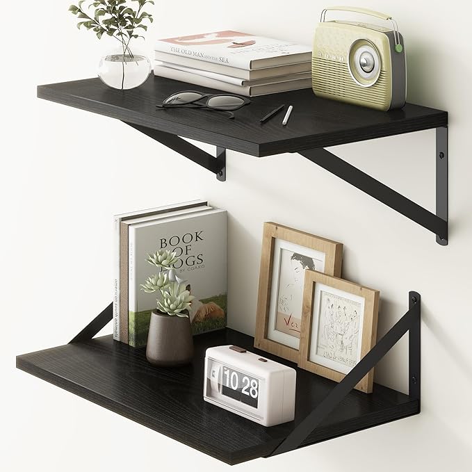 Fun Memories Black Floating Shelves 18 Inch Long, Rustic Floating Shelf with Brackets, 12 Inch Deep Wall Shelves, Black Bathroom Shelves, 18 x 12 Storage Shelf for Kitchen, Living Room, Set of 2